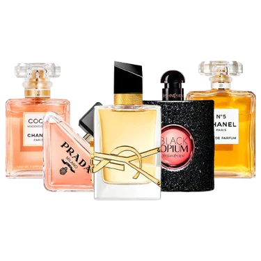 Combination of 5 women's perfumes – Coco, Prada, Libre, Black Opium and Chanel