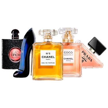 Combination of 5 women's perfumes – Black Opium, Good Girl, Chanel, Coco and Prada