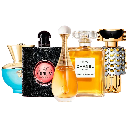 Combination of 5 women's perfumes – Versace, Black Opium, J'adore, Chanel and Fame